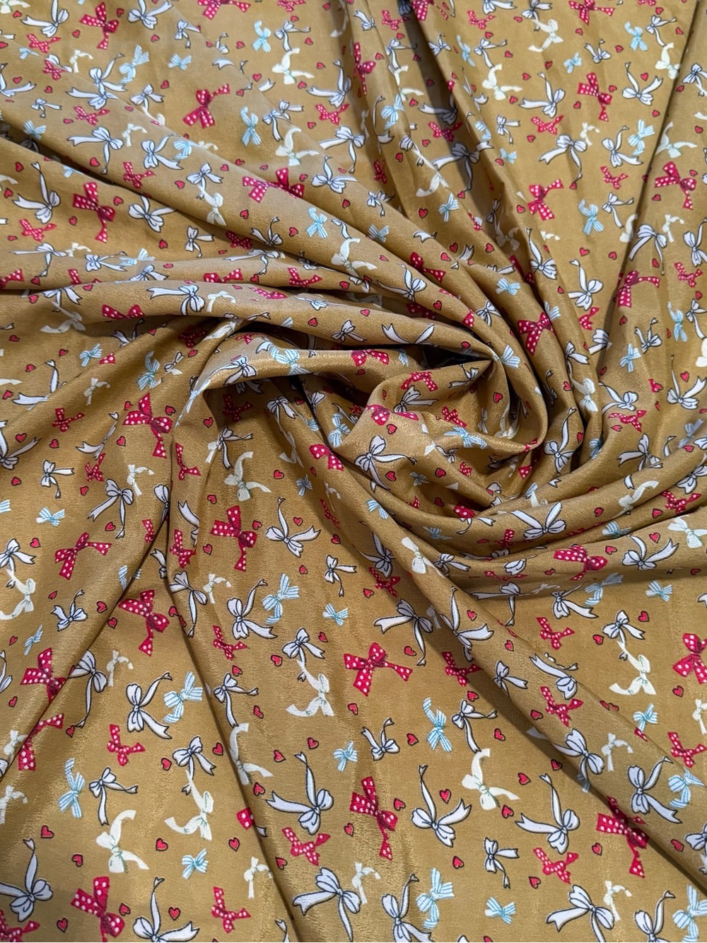 Mustard with Red and White Bow Poly Print Satin Fabric
